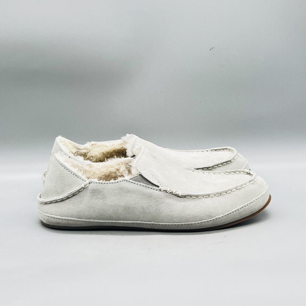 OluKai Shoes Womens 10 Gray Leather Nohea Shearling Moc Slippers Cozy Warm